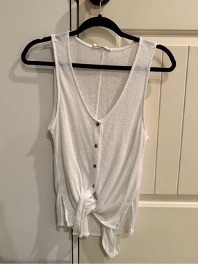 Double Zero White Ribbed Button-Front Tie-Hem Tank